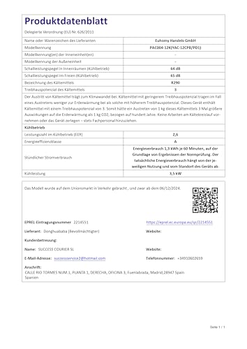EUHOMY Mobile Klimaanlage, 12000 BTU, 3-in-1, 410 m³/h, Energieklasse A, <50 dB, 24h-Timer