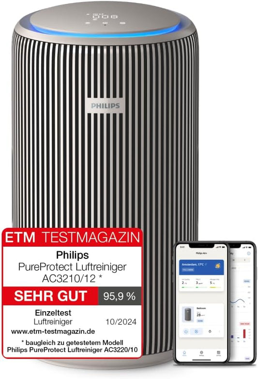 Philips PureProtect 3200 Series: Intelligent Air Purifier, HEPA and Activated Carbon Filter, CADR 500 m³/h for 130 m², Ultra Quiet and Energy Efficient, Captures 99.97% Allergens (AC3210/12)