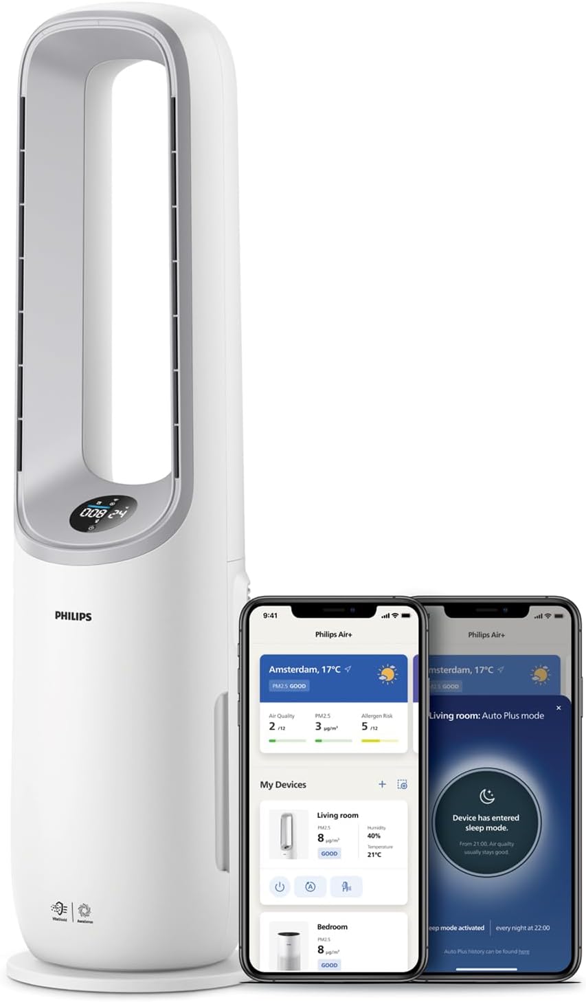 Philips Air Performer 2-in-1: Luftreiniger und Kühlgebläse - Reinigt 70 m², Entfernt 99,97% der Allergene und Schadstoffe. HEPA-Filter, Intelligente Sensoren, Alexa, App. (AMF765/10)