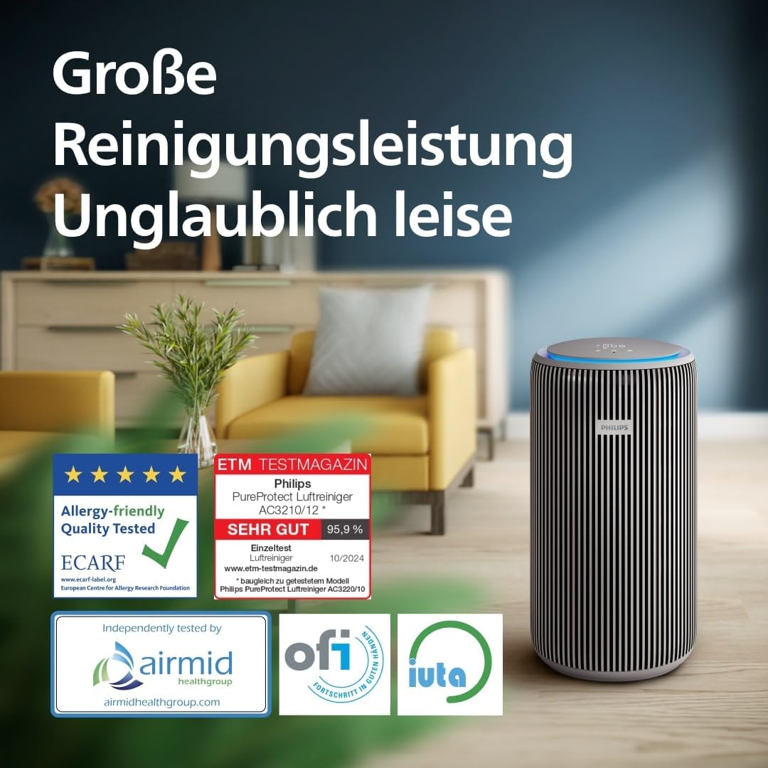 Philips PureProtect 3200 Series: Intelligent Air Purifier, HEPA and Activated Carbon Filter, CADR 500 m³/h for 130 m², Ultra Quiet and Energy Efficient, Captures 99.97% Allergens (AC3210/12)