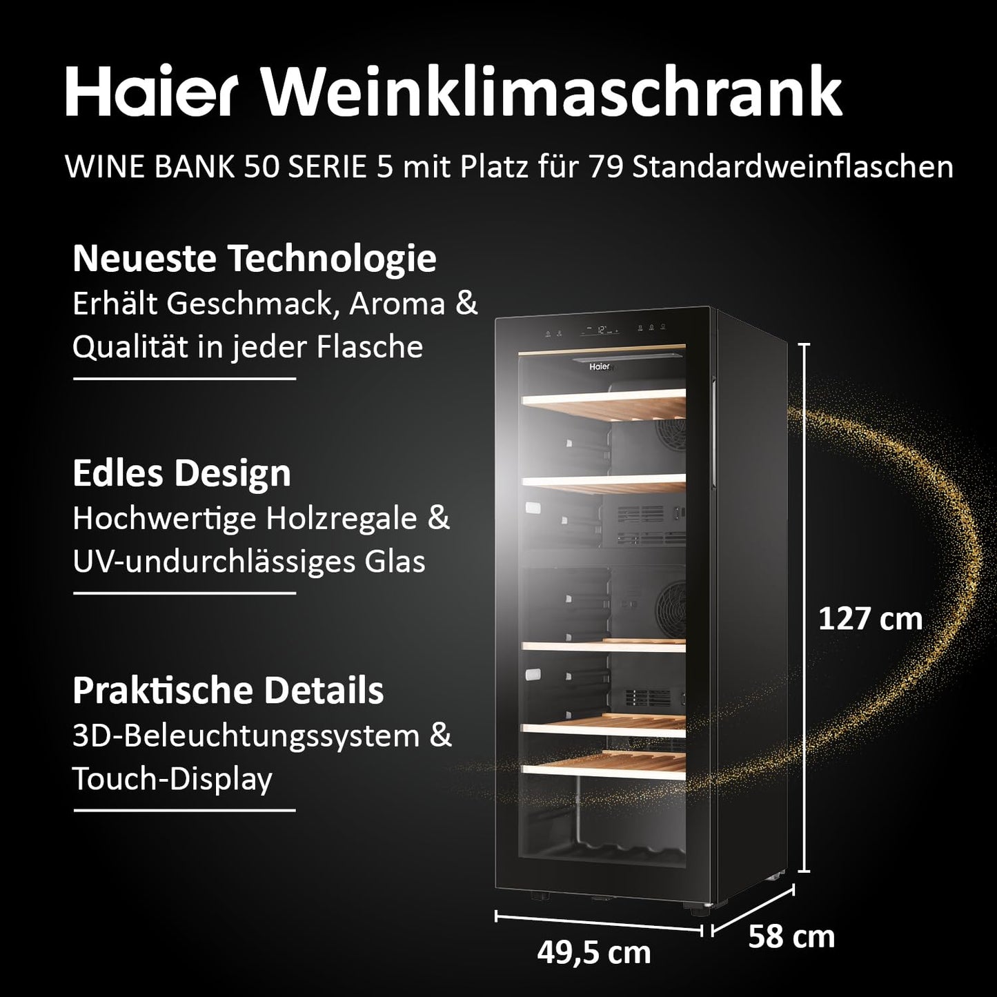 Haier Weinklimaschrank 50 SERIE 5 HWS79GDG I Weinkühlschrank für 79 Flaschen I Neue Technologie für beste Lagerung I Weinkühlschrank 2 Zonen, UV-Glastür & 5 Holzregalen I Wine Fridge vibrationsarm