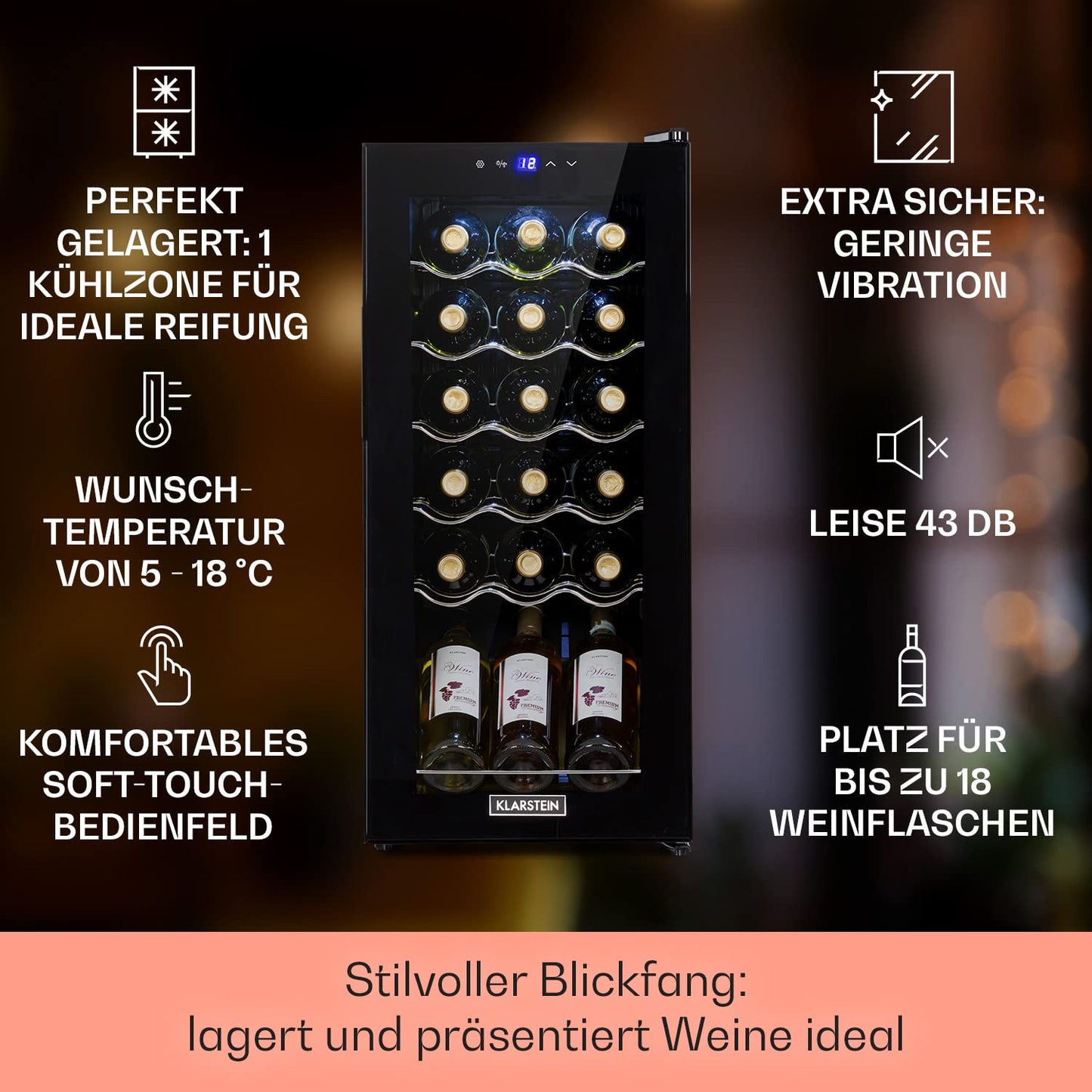 Klarstein Weinkühlschrank, 1 Zonen Getränkekühlschrank Klein, Kleiner Weinschrank 50L, Wein-Kühlschrank Klein mit Glastür, Indoor/Outdoor Flaschenkühlschrank, Wine Fridge 5-18°C, 18 Flaschen