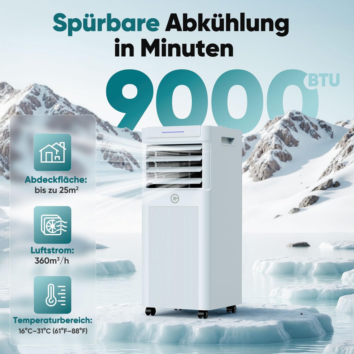 Mobile Klimaanlage 9000 BTU, 3-in-1, bis 33 m², LED-Display, Fernbedienung, Timer, mit Abluftschlauch