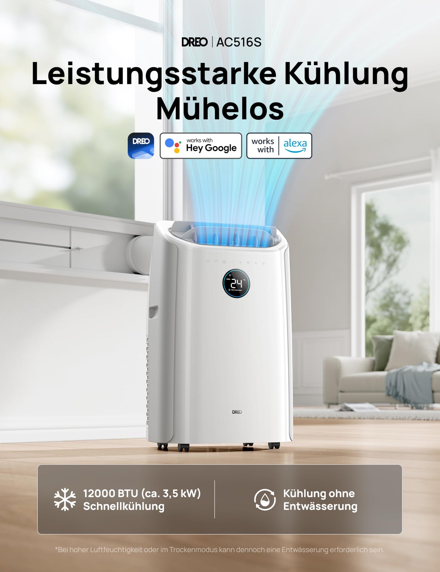 Dreo Mobile Klimaanlage AC516S, 12000 BTU, App- & Sprachsteuerung, für Schlafzimmer, 24h Timer