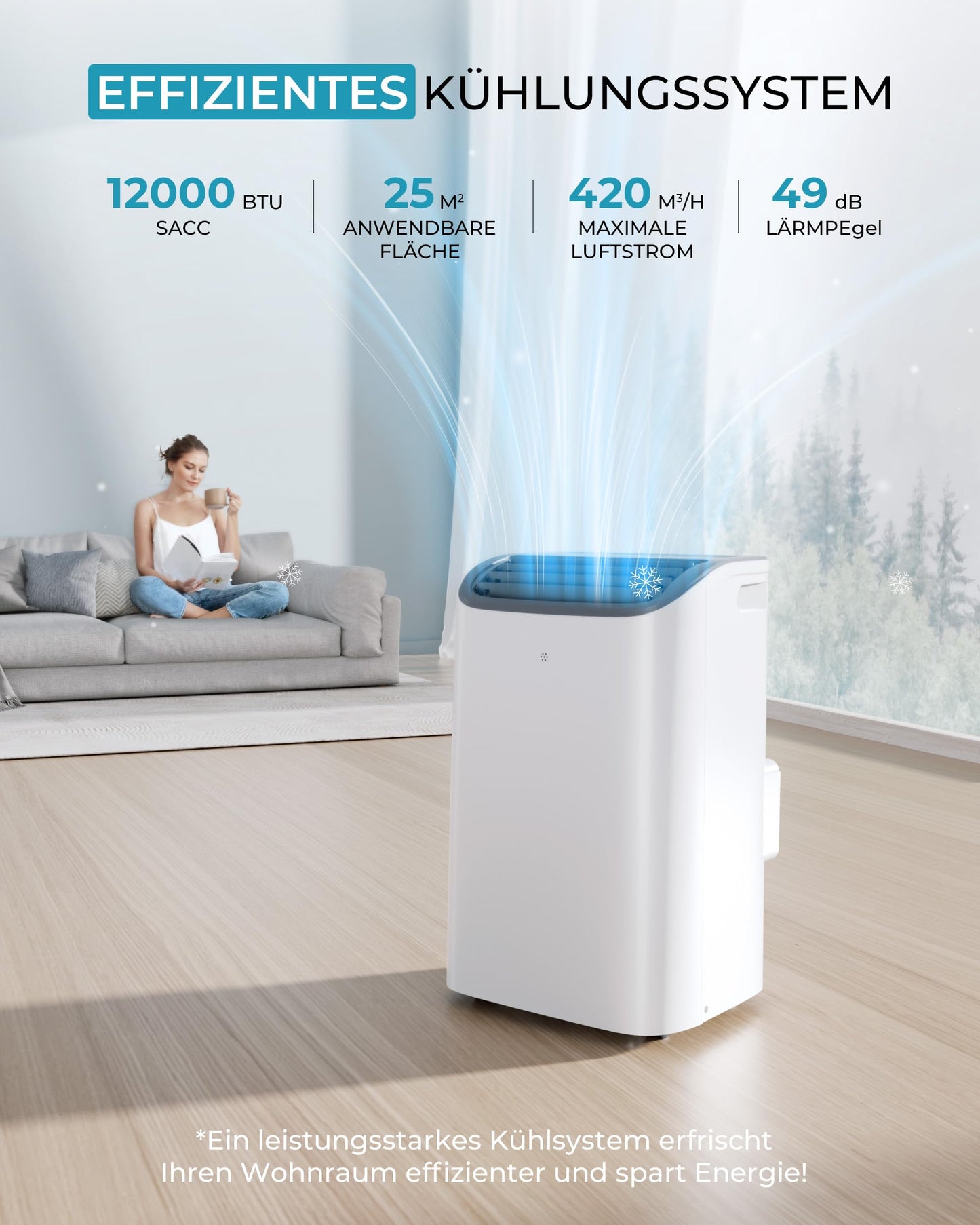 EUHOMY Mobile Klimaanlage, 12000 BTU, 3-in-1, 410 m³/h, Energieklasse A, <50 dB, 24h-Timer