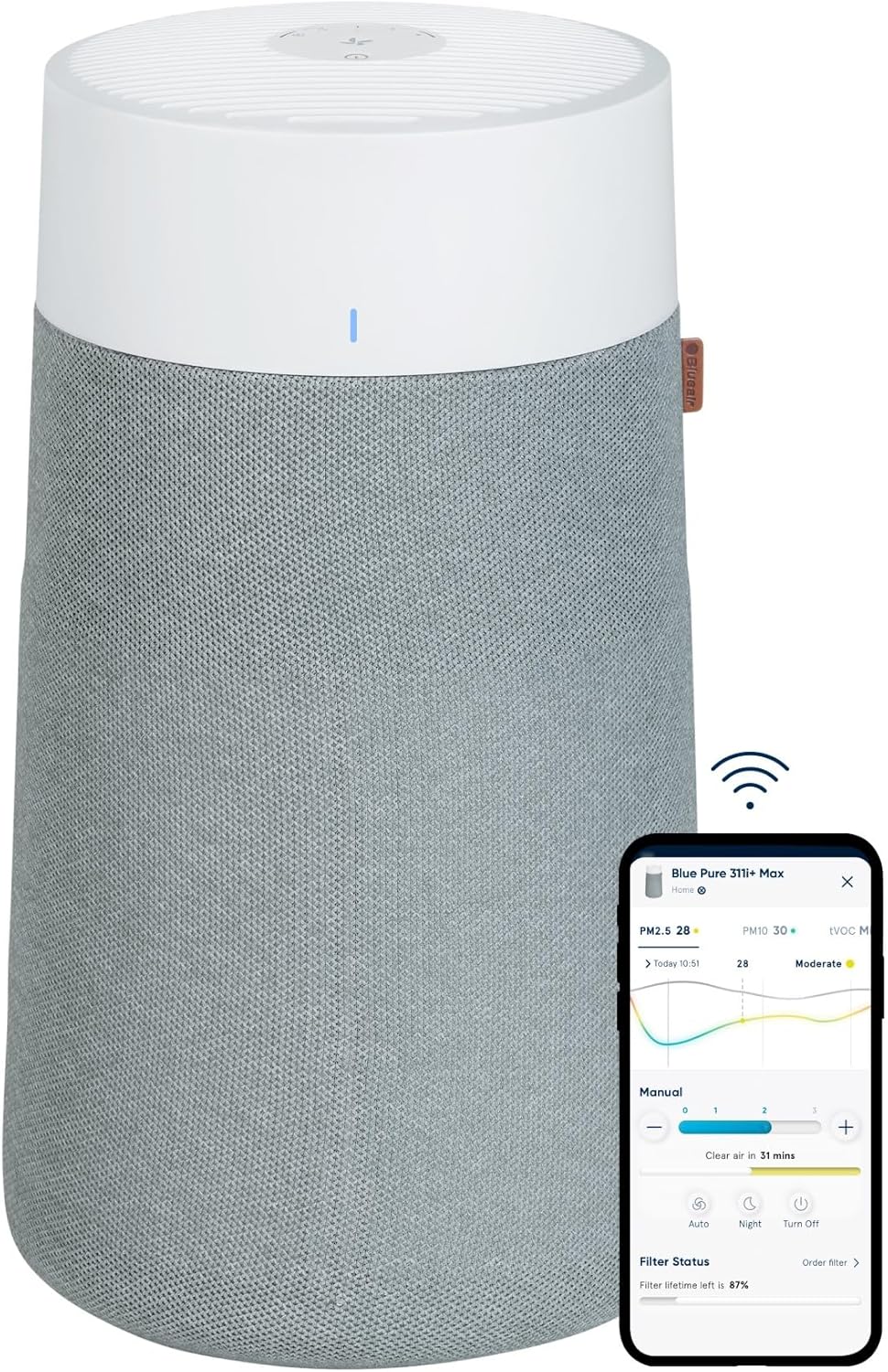 BLUEAIR Luftreiniger für große Räume, reinigt 206 m² in 1h, HEPASilent Luftwäscher für Schlafzimmer, Haustiere, Allergien, gegen Viren, Staub und Schimmel, Blue Pure 3450i Max Air Purifier