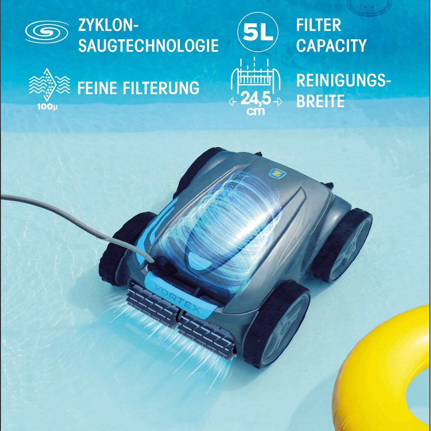 Automatischer Poolroboter Zodiac VORTEX 4WD. Bis zu 12x6 m, reinigt Boden, Wände und Wasserlinie. Fernbedienung und Lift System über App