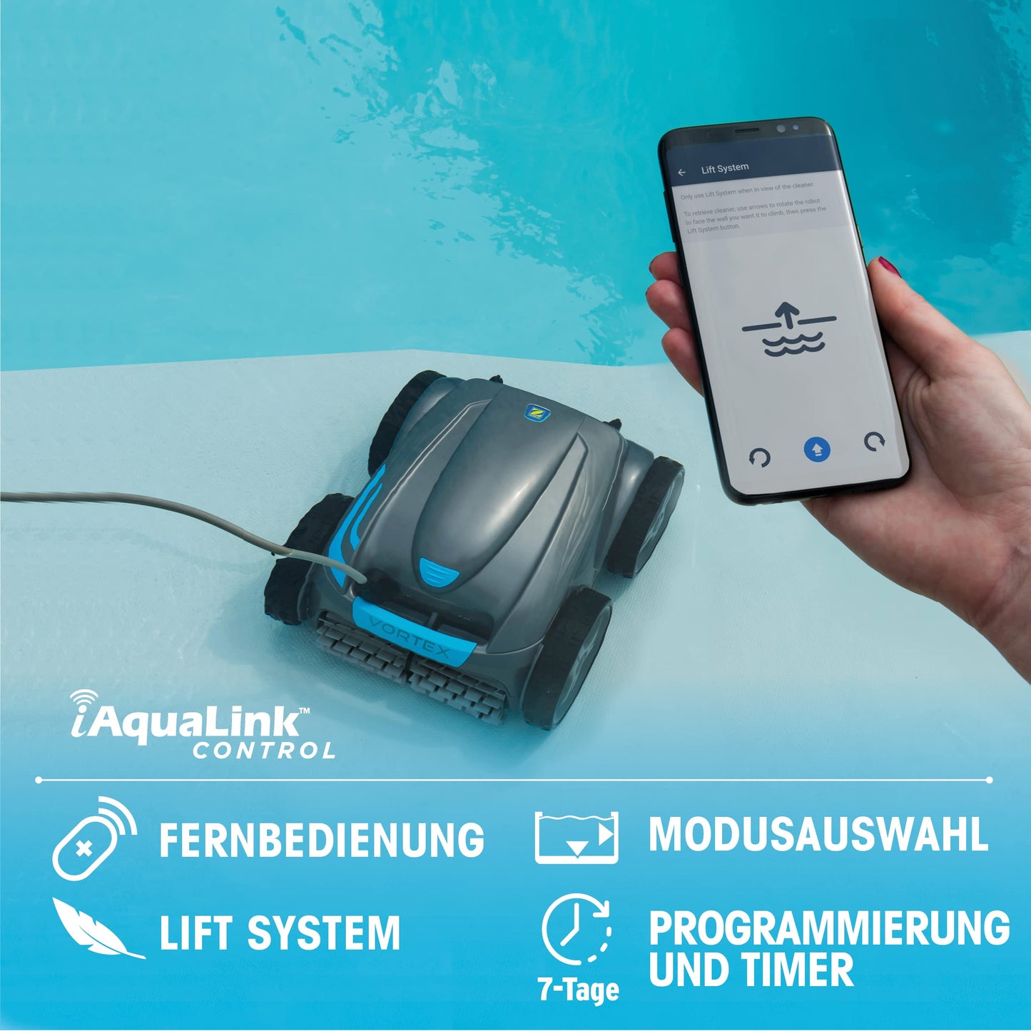 Automatischer Poolroboter Zodiac VORTEX 4WD. Bis zu 12x6 m, reinigt Boden, Wände und Wasserlinie. Fernbedienung und Lift System über App