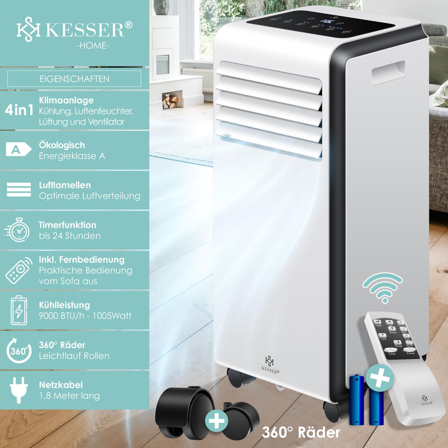 KESSER® Mobile Klimaanlage 4in1, 9000 BTU, 1005 W, Entfeuchter & Ventilator, Timer, Nachtmodus