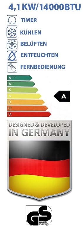 Jung AIR TV07 Mobile Klimaanlage, 14000 BTU, 4,1 kW, bis 140 m³, Fernbedienung, Timer, Klasse A