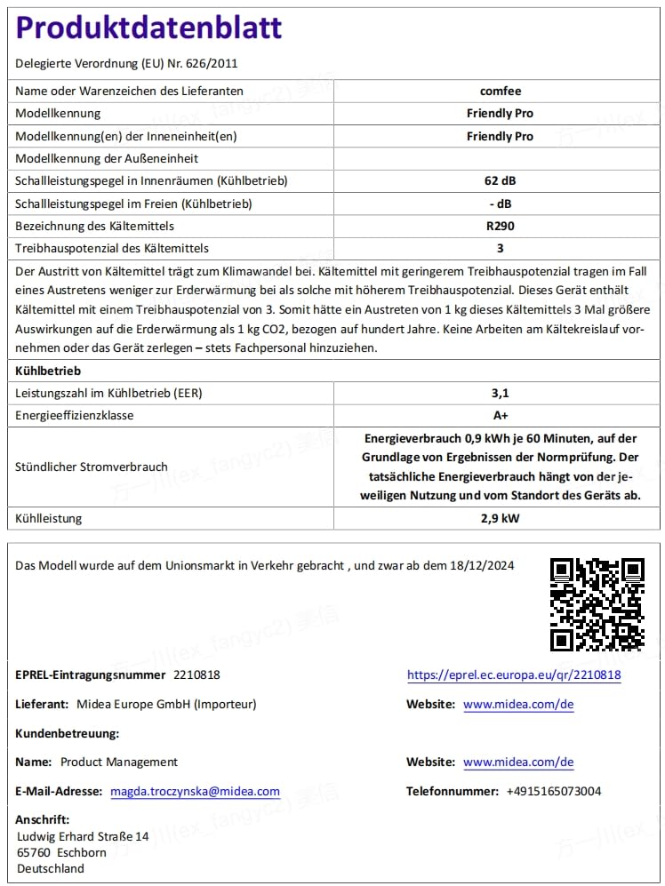 Comfee Mobile Klimaanlage Pro, 10000 BTU, 2,9 kW, 3-in-1, bis 32 m², EEK A+, mit Abluftschlauch