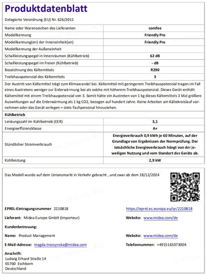 Comfee Mobile Klimaanlage Pro, 10000 BTU, 2,9 kW, 3-in-1, bis 32 m², EEK A+, mit Abluftschlauch