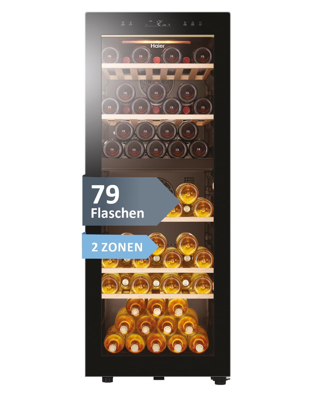 Haier Weinklimaschrank 50 SERIE 5 HWS79GDG I Weinkühlschrank für 79 Flaschen I Neue Technologie für beste Lagerung I Weinkühlschrank 2 Zonen, UV-Glastür & 5 Holzregalen I Wine Fridge vibrationsarm
