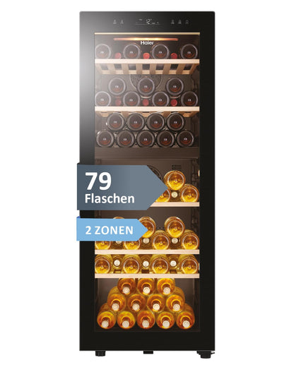 Haier Weinklimaschrank 50 SERIE 5 HWS79GDG I Weinkühlschrank für 79 Flaschen I Neue Technologie für beste Lagerung I Weinkühlschrank 2 Zonen, UV-Glastür & 5 Holzregalen I Wine Fridge vibrationsarm