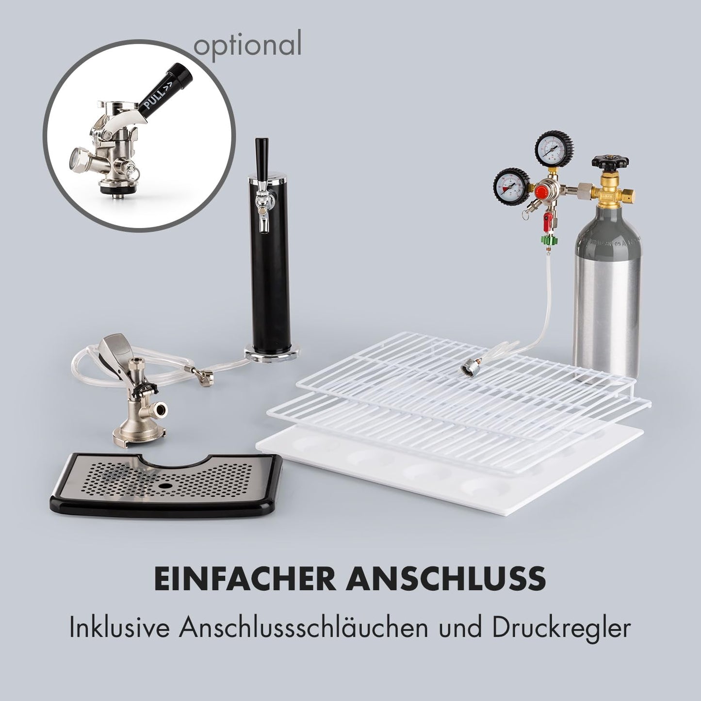Klarstein Big Spender - Bierfass-Kühlschrank, Getränkefasskühlschrank, Komplettset, CO2 Fässer bis 50 L, 4 Bodenrollen, Temperatur regulierbar, inkl. 1 x Zapfsäule, graphitgrau