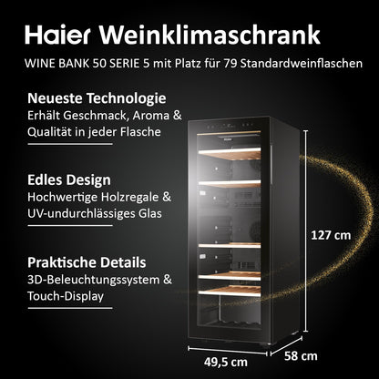 Haier Weinklimaschrank 50 SERIE 5 HWS79GDG I Weinkühlschrank für 79 Flaschen I Neue Technologie für beste Lagerung I Weinkühlschrank 2 Zonen, UV-Glastür & 5 Holzregalen I Wine Fridge vibrationsarm