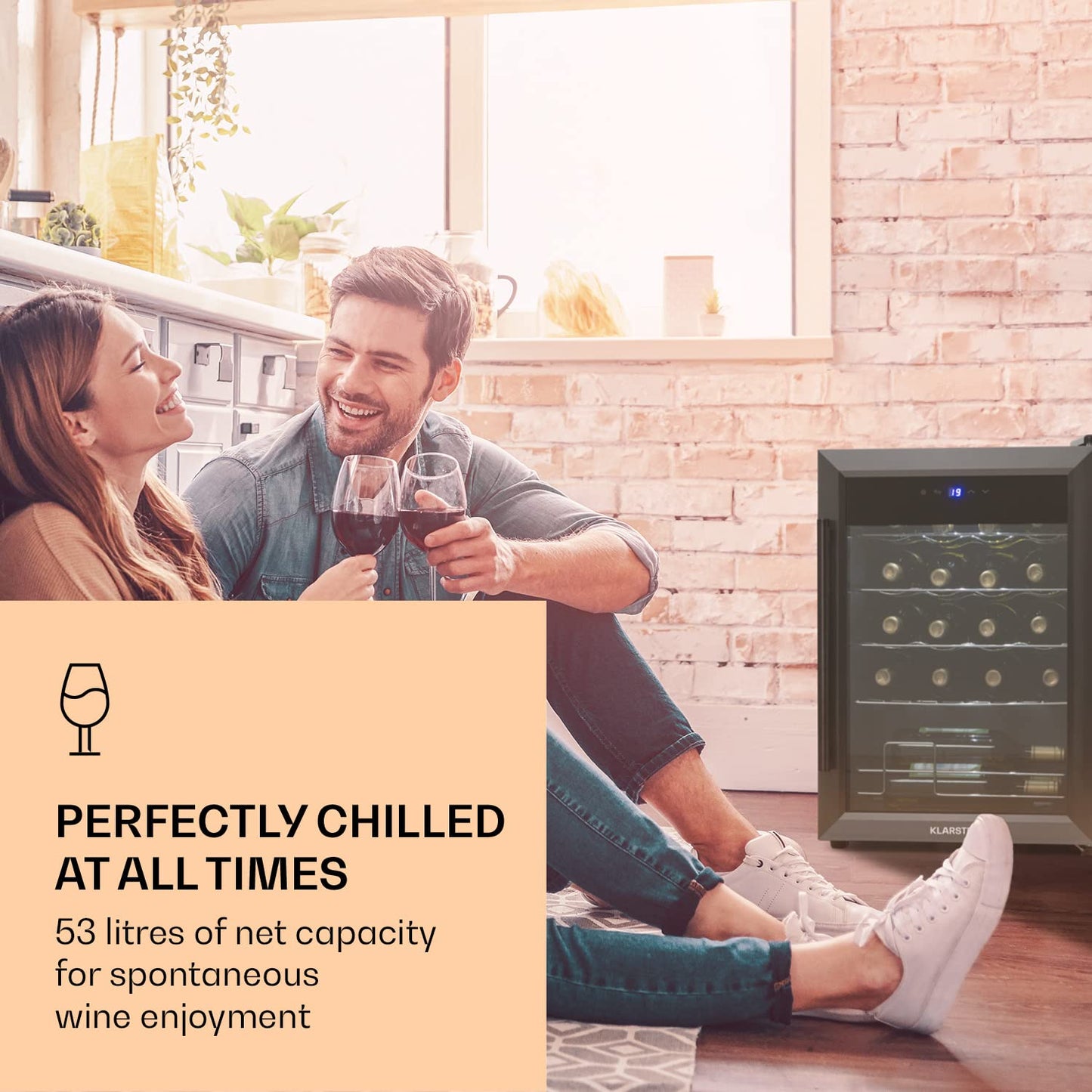 Klarstein Ultimo Uno Weinkühlschrank - Wine Fridge mit Temperaturregler: 5-8 °C, Weinschrank mit Touch-Bedienfeld, Platz für 20 Flaschen, 53 Liter Gesamtvolumen, schwarz