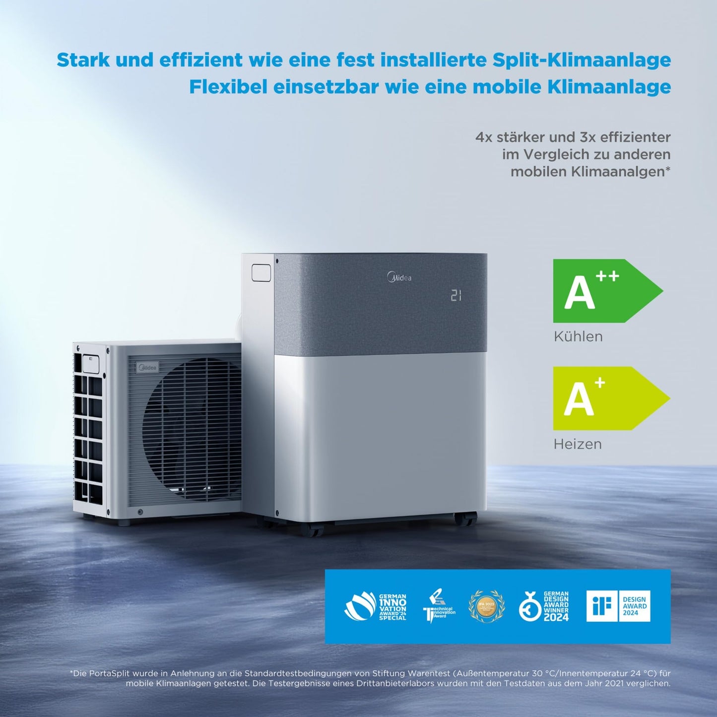 Midea Portasplit Klimaanlage, 12000 BTU, 3,5 kW, Kühlen/Heizen, bis 42 m², Silent-Modus 39 dB(A)