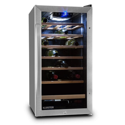 Klarstein Vivo Wine 26 Wine Cellar - Beverage cooler, 26 bottles, 88 L, LED, temperature control, Interchangeable hinge, Door on both sides, stainless steel, Silver