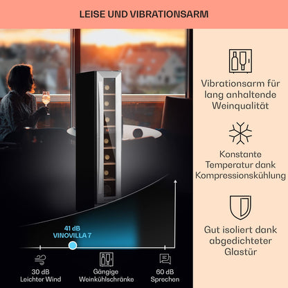 Klarstein Weinkühlschrank, 1 Zonen Getränkekühlschrank, Kleiner Einbau-Weinschrank Schmal, 20L Wein-Kühlschrank mit Glastür, Indoor/Outdoor Flaschenkühlschrank, Wine Fridge 5-22°C, 7 Flaschen