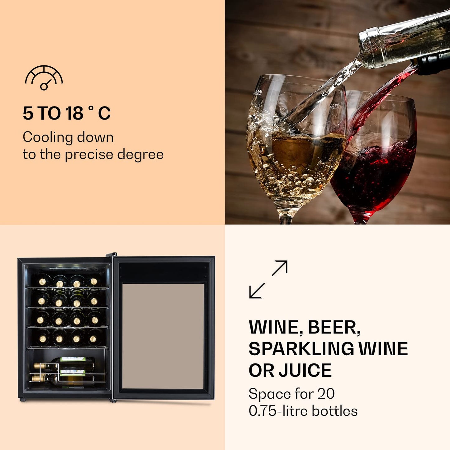 Klarstein Ultimo Uno Weinkühlschrank - Wine Fridge mit Temperaturregler: 5-8 °C, Weinschrank mit Touch-Bedienfeld, Platz für 20 Flaschen, 53 Liter Gesamtvolumen, schwarz