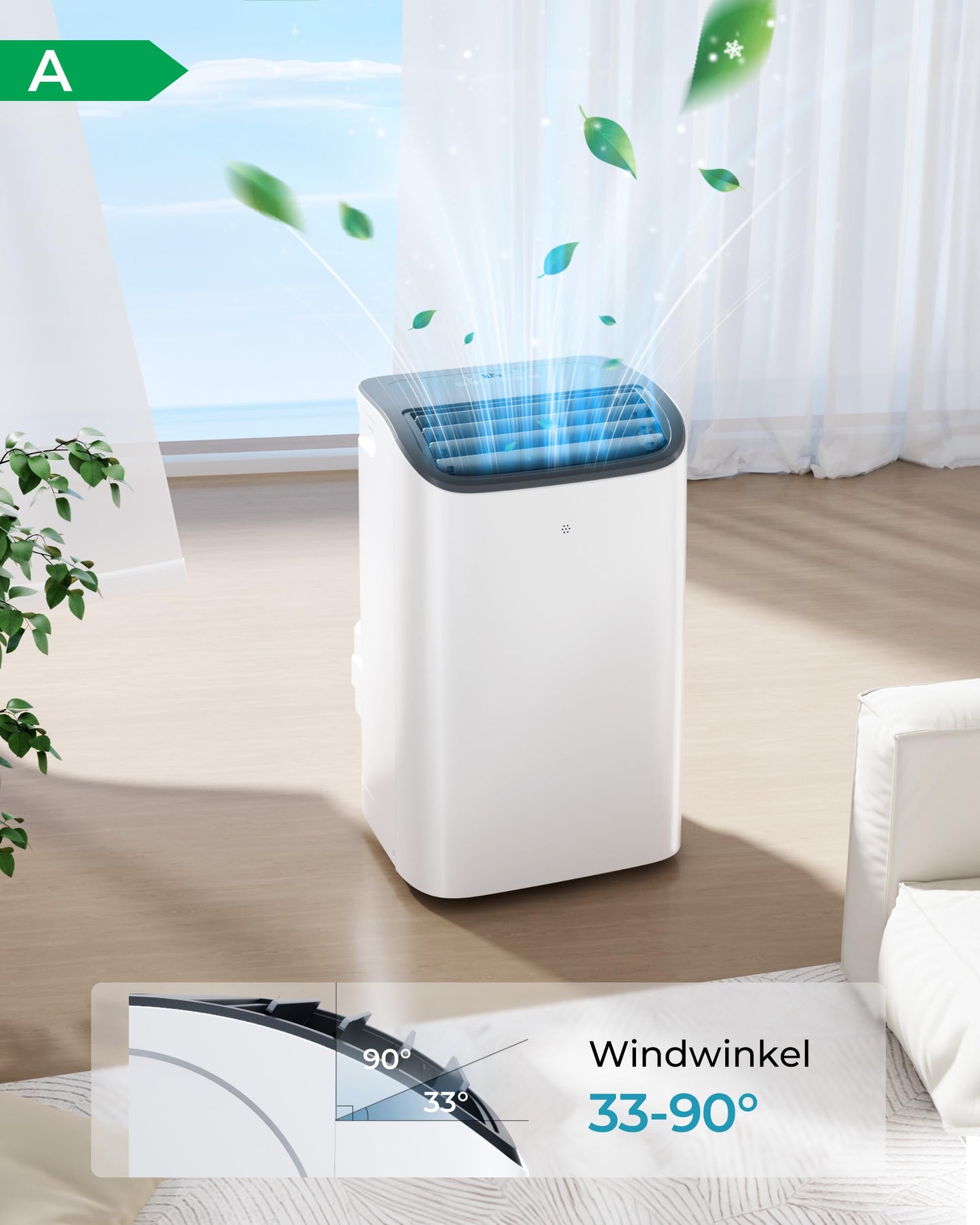 EUHOMY Mobile Klimaanlage, 12000 BTU, 3-in-1, 410 m³/h, Energieklasse A, <50 dB, 24h-Timer