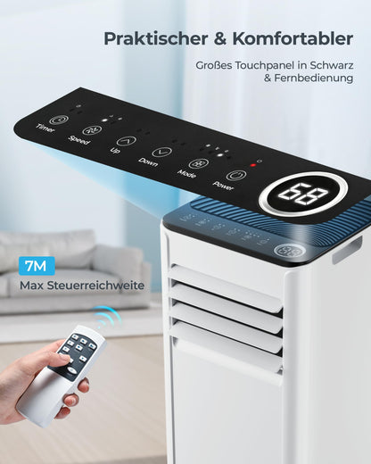Mobile Klimaanlage 9000 BTU, 4-in-1, bis 25 m², <48 dB, Fernbedienung, Timer, Abluftschlauch