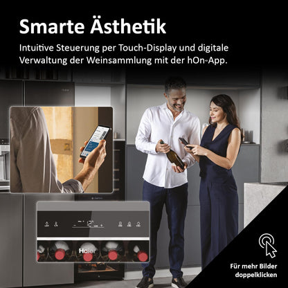 Haier Weinklimaschrank 50 SERIE 5 HWS79GDG I Weinkühlschrank für 79 Flaschen I Neue Technologie für beste Lagerung I Weinkühlschrank 2 Zonen, UV-Glastür & 5 Holzregalen I Wine Fridge vibrationsarm