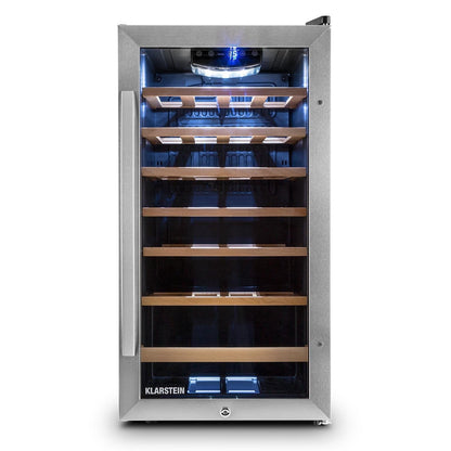 Klarstein Vivo Wine 26 Wine Cellar - Beverage cooler, 26 bottles, 88 L, LED, temperature control, Interchangeable hinge, Door on both sides, stainless steel, Silver