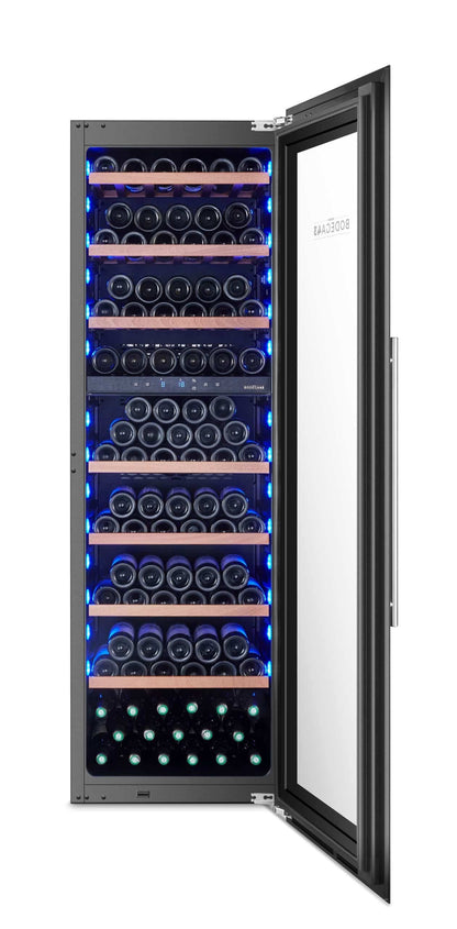 BODEGA43-100 Großer Einbau Weinkühlschrank - Weinklimaschrank mit 2 Zonen - 100 Flaschen, geringer Energieverbrauch 161 kWh, Kompressorkühlung & 7 ausschiebbare Auflageflächen aus Birkenholz
