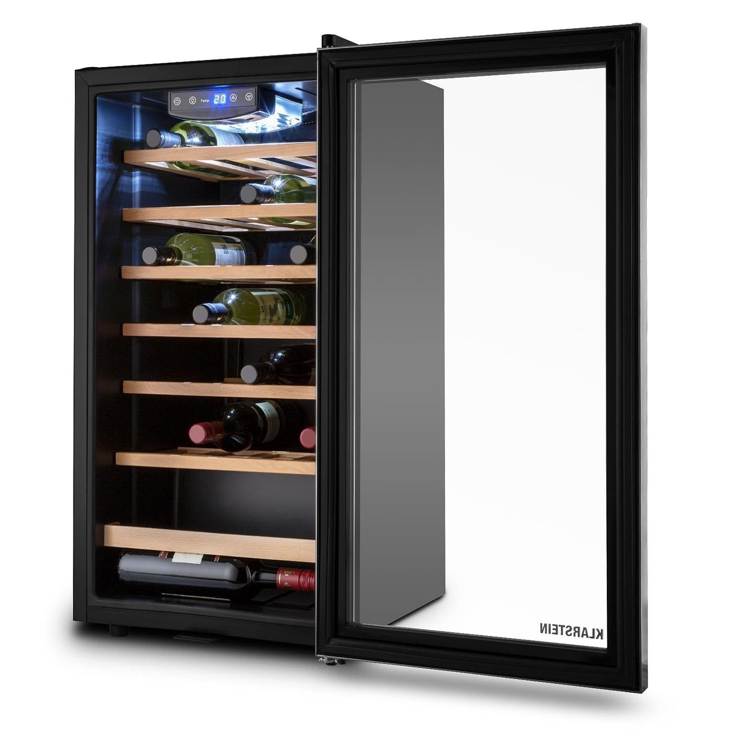 Klarstein Vivo Wine 26 Wine Cellar - Beverage cooler, 26 bottles, 88 L, LED, temperature control, Interchangeable hinge, Door on both sides, stainless steel, Silver