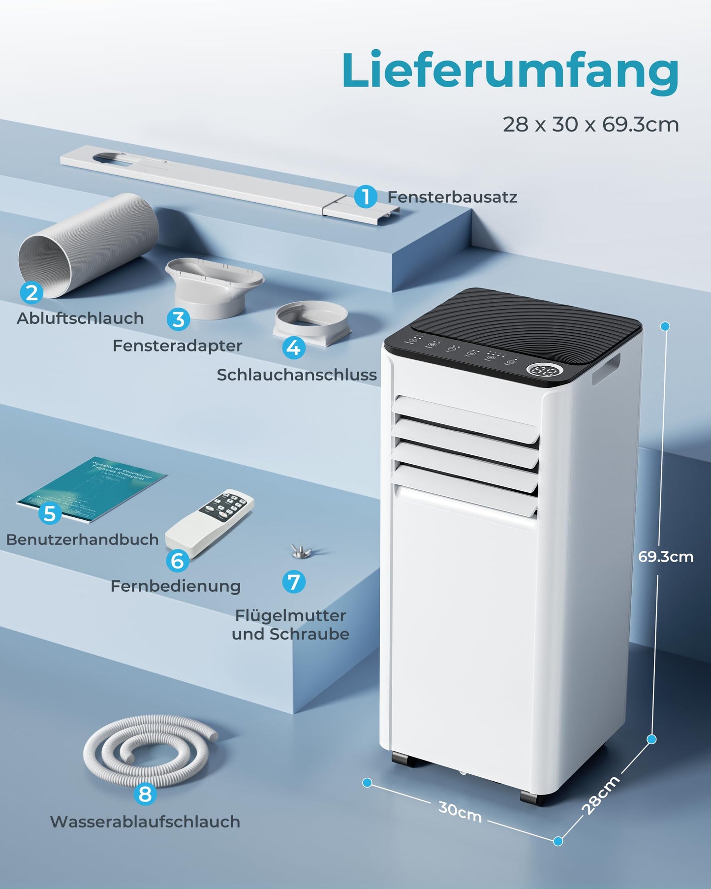 Mobile Klimaanlage 9000 BTU, 4-in-1, bis 25 m², <48 dB, Fernbedienung, Timer, Abluftschlauch