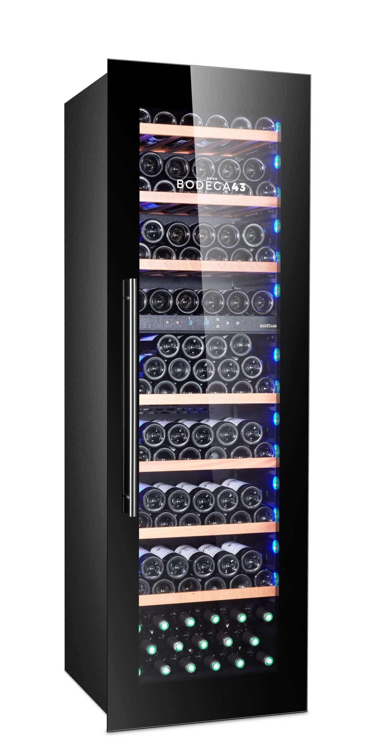BODEGA43-100 Großer Einbau Weinkühlschrank - Weinklimaschrank mit 2 Zonen - 100 Flaschen, geringer Energieverbrauch 161 kWh, Kompressorkühlung & 7 ausschiebbare Auflageflächen aus Birkenholz