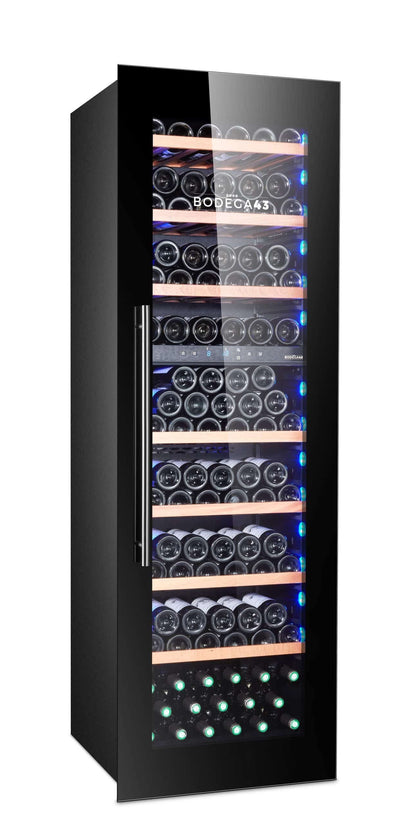 BODEGA43-100 Großer Einbau Weinkühlschrank - Weinklimaschrank mit 2 Zonen - 100 Flaschen, geringer Energieverbrauch 161 kWh, Kompressorkühlung & 7 ausschiebbare Auflageflächen aus Birkenholz