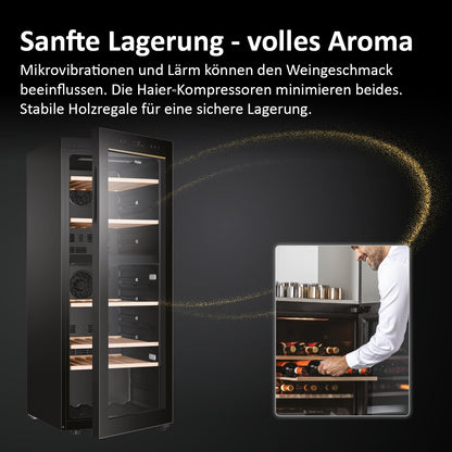 Haier Weinklimaschrank 50 SERIE 5 HWS79GDG I Weinkühlschrank für 79 Flaschen I Neue Technologie für beste Lagerung I Weinkühlschrank 2 Zonen, UV-Glastür & 5 Holzregalen I Wine Fridge vibrationsarm