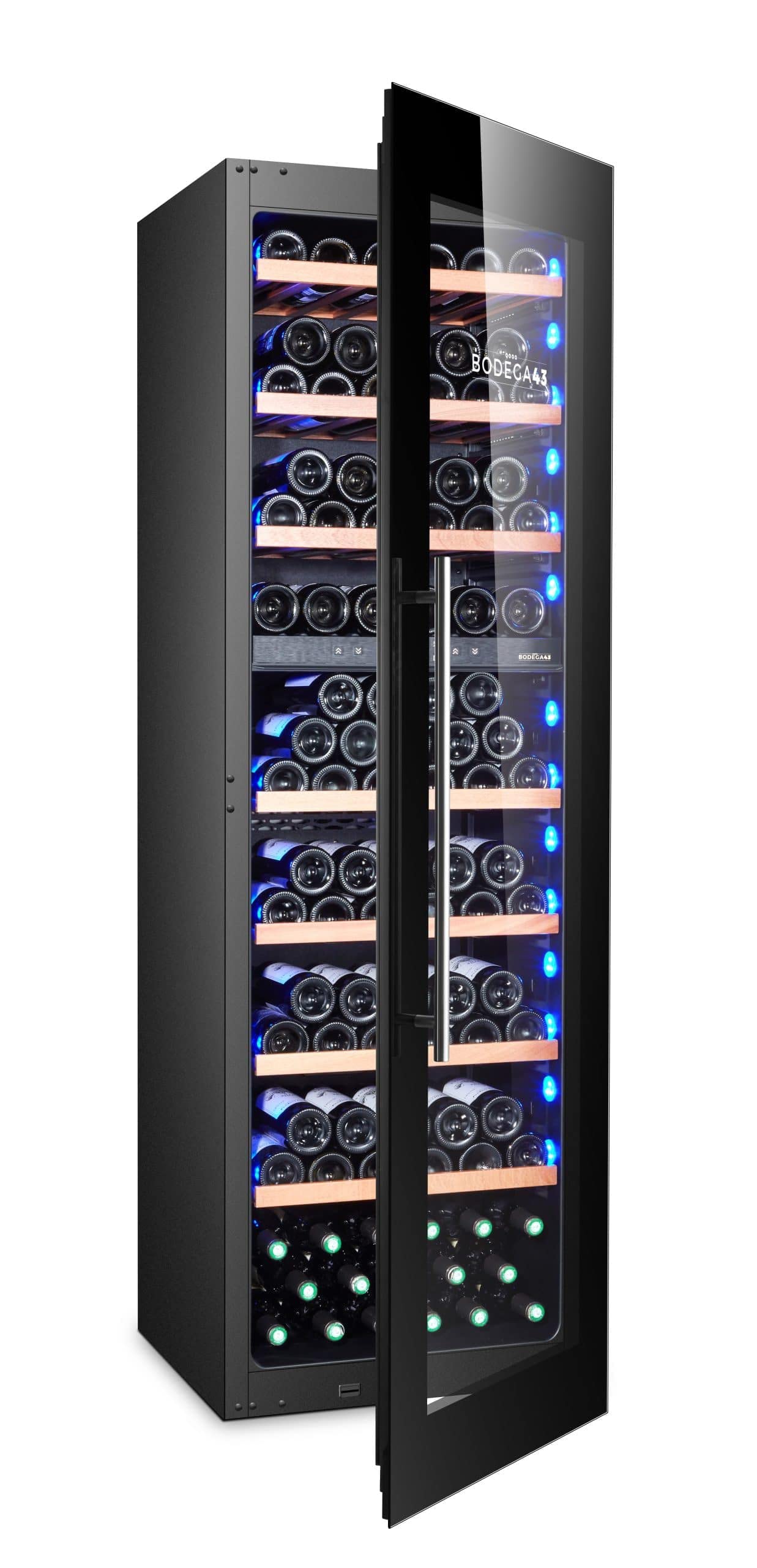BODEGA43-100 Großer Einbau Weinkühlschrank - Weinklimaschrank mit 2 Zonen - 100 Flaschen, geringer Energieverbrauch 161 kWh, Kompressorkühlung & 7 ausschiebbare Auflageflächen aus Birkenholz