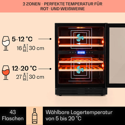 Klarstein Einbau-Weinkühlschrank, 2 Zonen Getränkekühlschrank Klein, Kleiner Weinschrank 129L, Wein-Kühlschrank Klein mit Glastür, Indoor/Outdoor Flaschenkühlschrank, Wine Fridge für 43 Flaschen