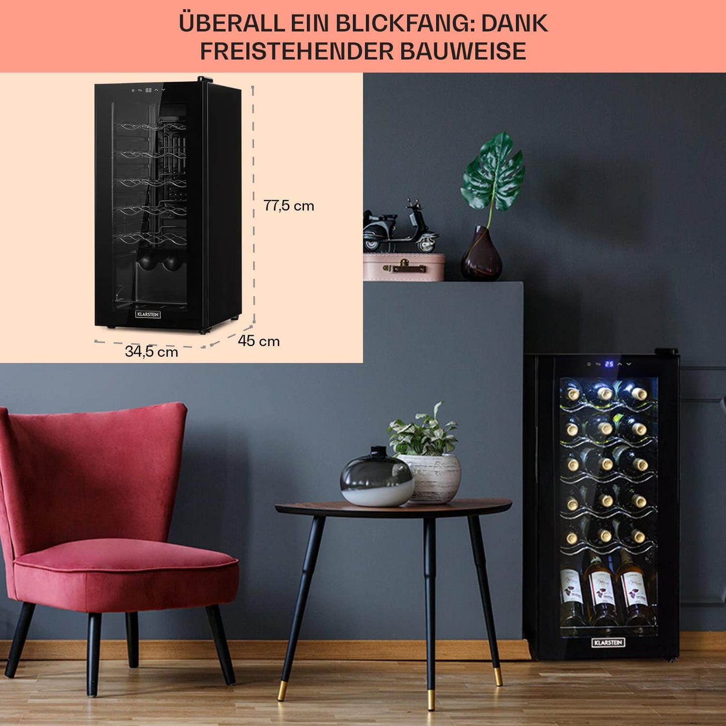 Klarstein Weinkühlschrank, 1 Zonen Getränkekühlschrank Klein, Kleiner Weinschrank 50L, Wein-Kühlschrank Klein mit Glastür, Indoor/Outdoor Flaschenkühlschrank, Wine Fridge 5-18°C, 18 Flaschen