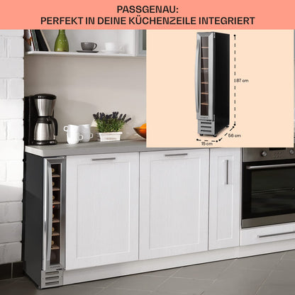 Klarstein Weinkühlschrank, 1 Zonen Getränkekühlschrank, Kleiner Einbau-Weinschrank Schmal, 20L Wein-Kühlschrank mit Glastür, Indoor/Outdoor Flaschenkühlschrank, Wine Fridge 5-22°C, 7 Flaschen