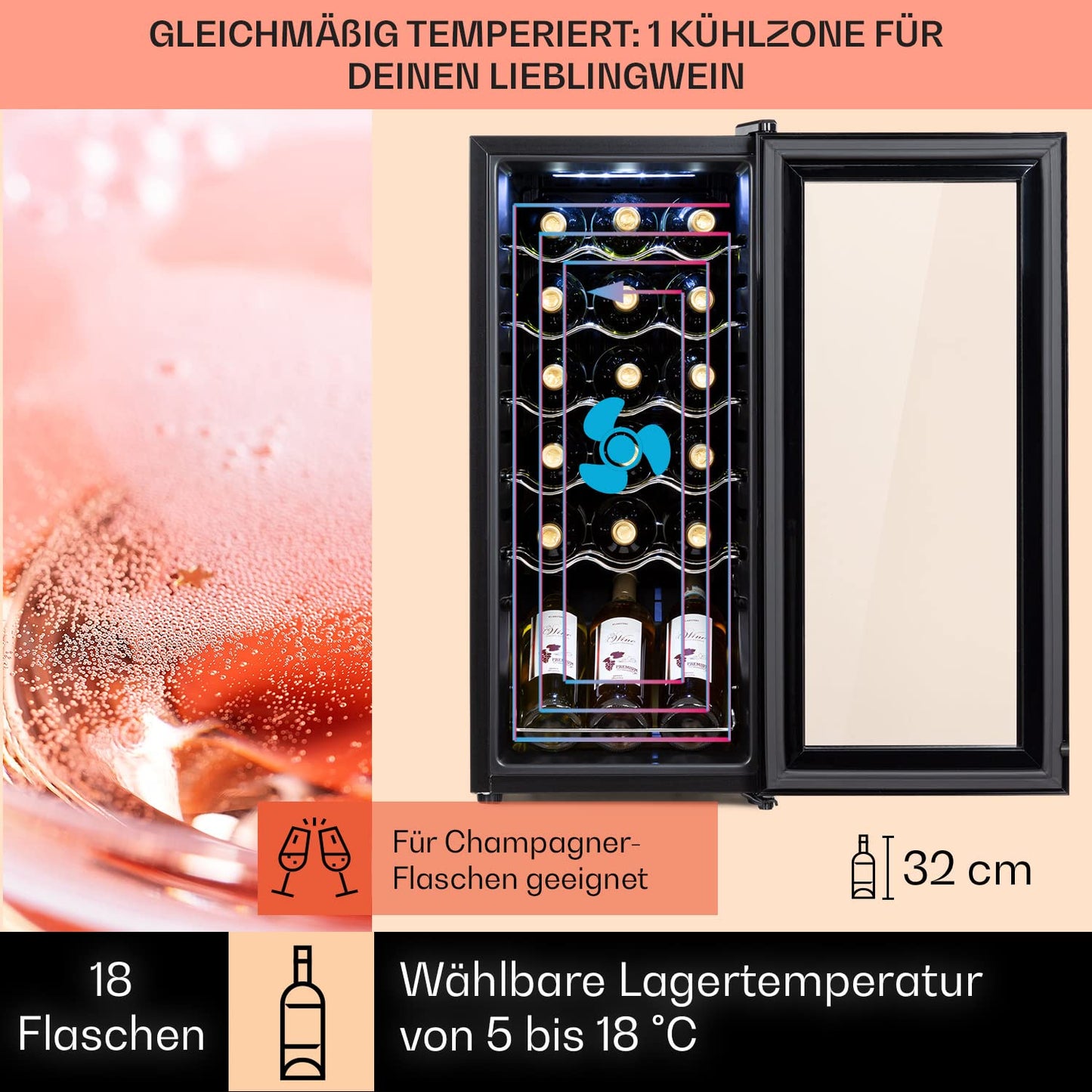 Klarstein Weinkühlschrank, 1 Zonen Getränkekühlschrank Klein, Kleiner Weinschrank 50L, Wein-Kühlschrank Klein mit Glastür, Indoor/Outdoor Flaschenkühlschrank, Wine Fridge 5-18°C, 18 Flaschen
