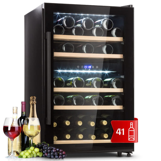 Klarstein Weinkühlschrank, Getränkekühlschrank Schmal, 2 Zonen Kühlschrank mit Glastür, Getränkekühlschränke Freistehend, Weinkühlschrank Klein, Weinkühlschränke mit UV-Schutz, 5-22 °C, 29 Flaschen