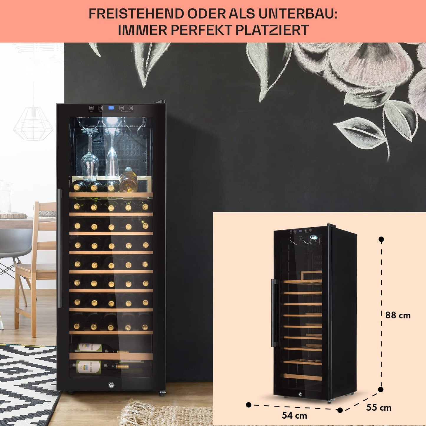 Klarstein Weinkühlschrank, Getränkekühlschrank Schmal, 1 Zone Kühlschrank mit Glastür, Getränkekühlschränke Freistehend, Weinkühlschrank Klein, Weinkühlschränke mit UV-Schutz, 4-18°C, 54 Flaschen