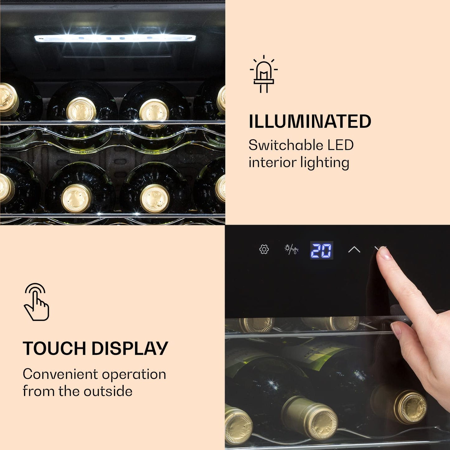 Klarstein Ultimo Uno Weinkühlschrank - Wine Fridge mit Temperaturregler: 5-8 °C, Weinschrank mit Touch-Bedienfeld, Platz für 20 Flaschen, 53 Liter Gesamtvolumen, schwarz