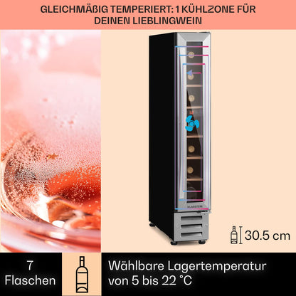 Klarstein Weinkühlschrank, 1 Zonen Getränkekühlschrank, Kleiner Einbau-Weinschrank Schmal, 20L Wein-Kühlschrank mit Glastür, Indoor/Outdoor Flaschenkühlschrank, Wine Fridge 5-22°C, 7 Flaschen