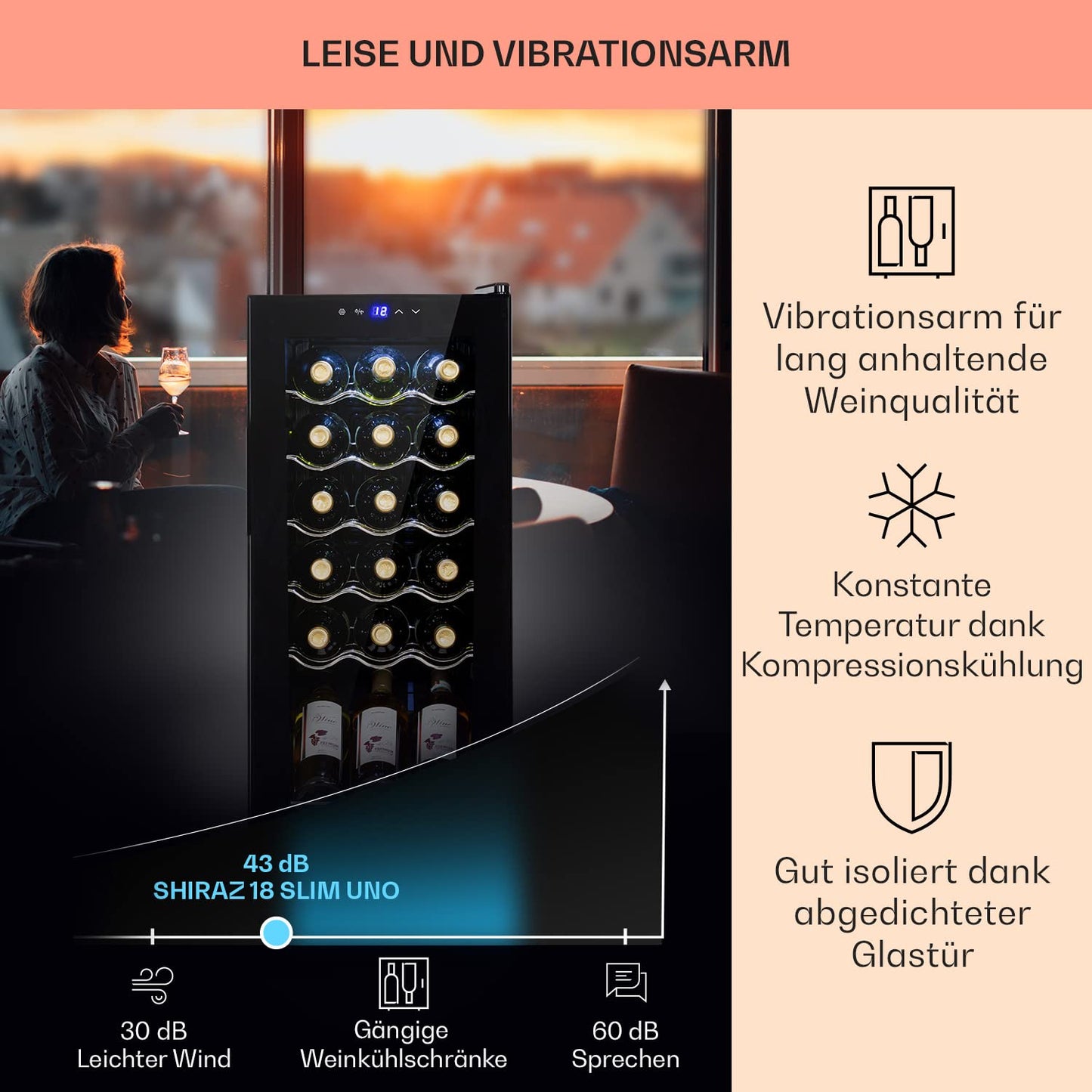 Klarstein Weinkühlschrank, 1 Zonen Getränkekühlschrank Klein, Kleiner Weinschrank 50L, Wein-Kühlschrank Klein mit Glastür, Indoor/Outdoor Flaschenkühlschrank, Wine Fridge 5-18°C, 18 Flaschen