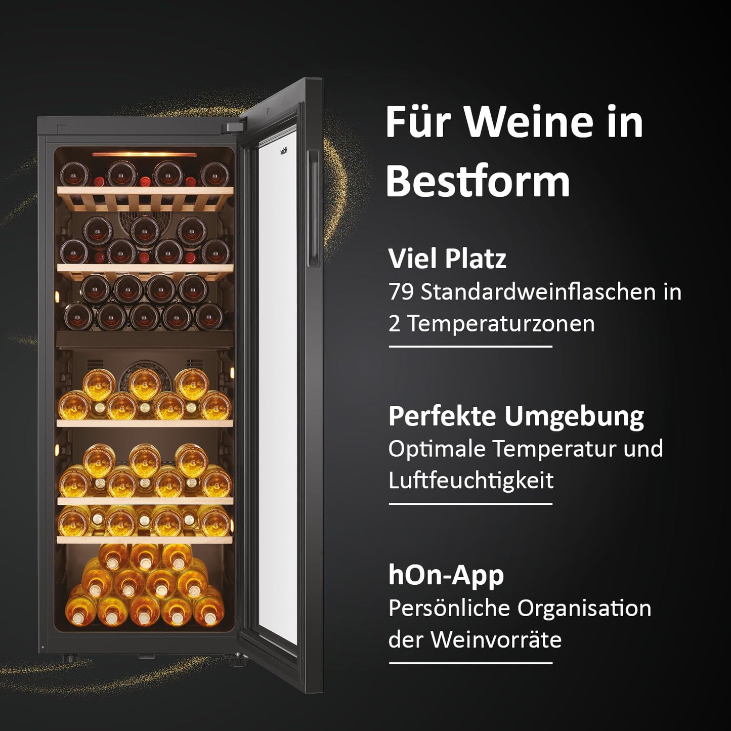 Haier Weinklimaschrank 50 SERIE 5 HWS79GDG I Weinkühlschrank für 79 Flaschen I Neue Technologie für beste Lagerung I Weinkühlschrank 2 Zonen, UV-Glastür & 5 Holzregalen I Wine Fridge vibrationsarm