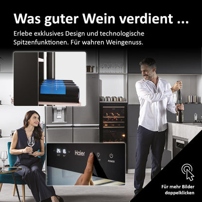 Haier Weinklimaschrank 50 SERIE 5 HWS79GDG I Weinkühlschrank für 79 Flaschen I Neue Technologie für beste Lagerung I Weinkühlschrank 2 Zonen, UV-Glastür & 5 Holzregalen I Wine Fridge vibrationsarm