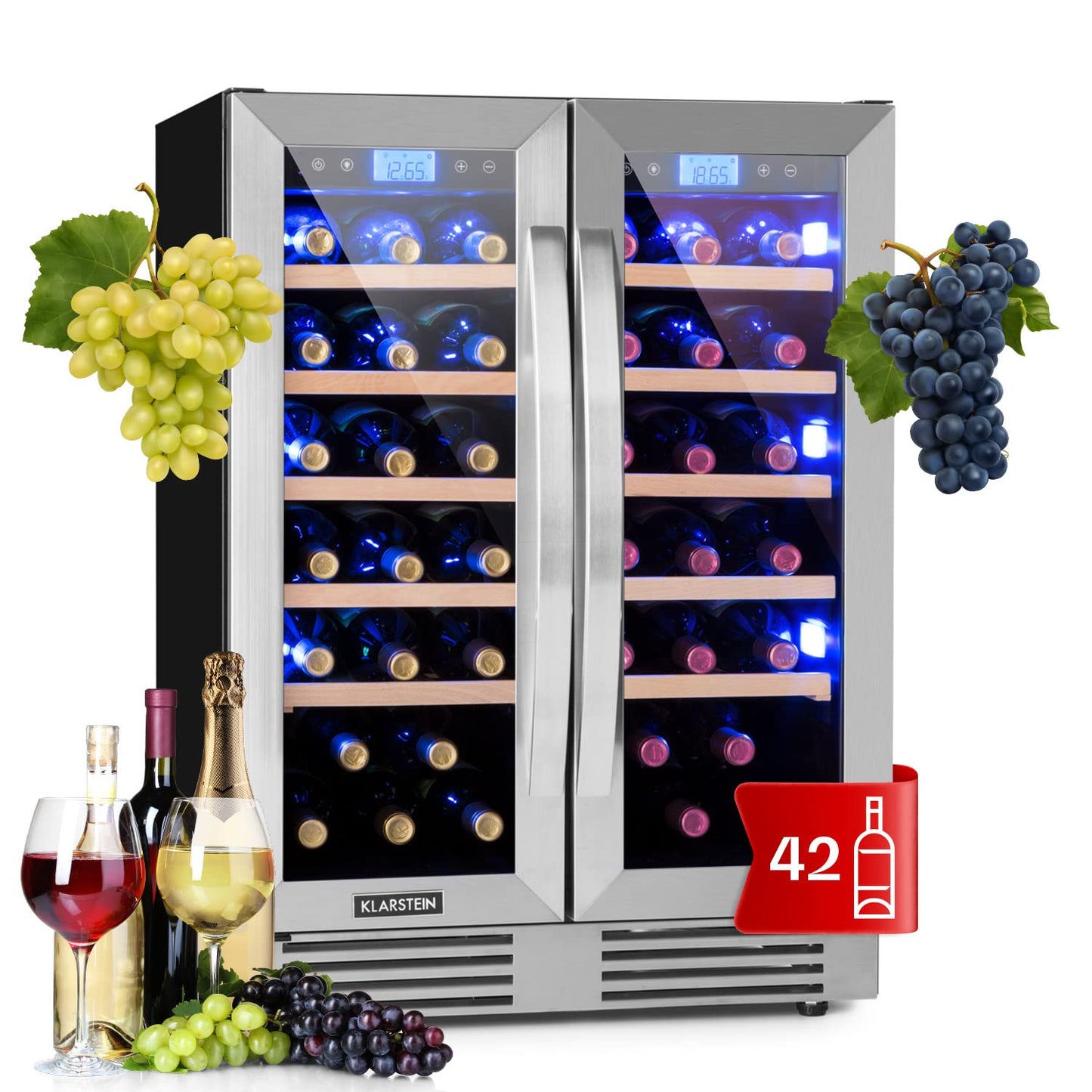 Klarstein Einbau-Weinkühlschrank, 2 Zonen Getränkekühlschrank Klein, Kleiner Weinschrank 126L, Wein-Kühlschrank Klein mit Glastür, Indoor/Outdoor Flaschenkühlschrank, Wine Fridge für 42 Flaschen