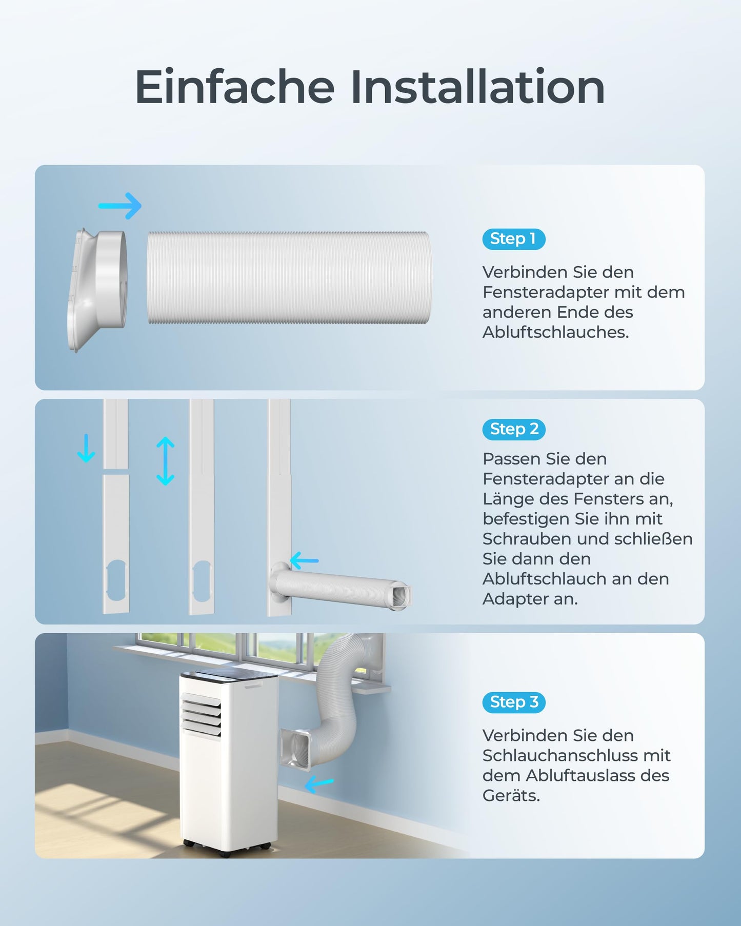 Mobile Klimaanlage 9000 BTU, 4-in-1, bis 25 m², <48 dB, Fernbedienung, Timer, Abluftschlauch