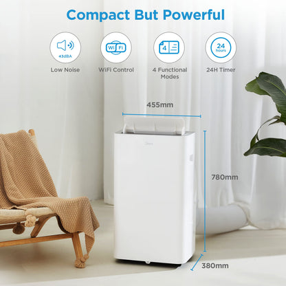 Midea Mobile Klimaanlage Silent Cool 26 Pro, 9000 BTU, 2,6 kW, bis 33 m², mit Abluftschlauch, Weiß